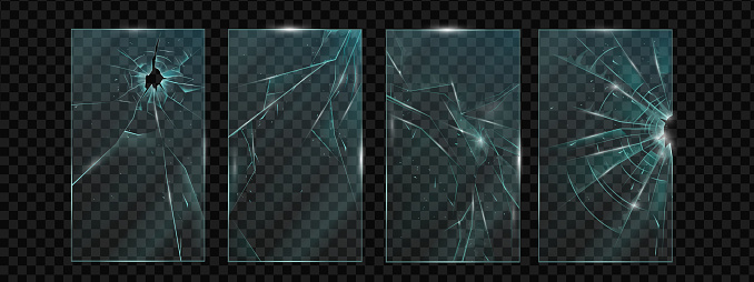 Protector concept, realistic transparent crushed plexiglass design. Cracked glass, frame set hole, splits