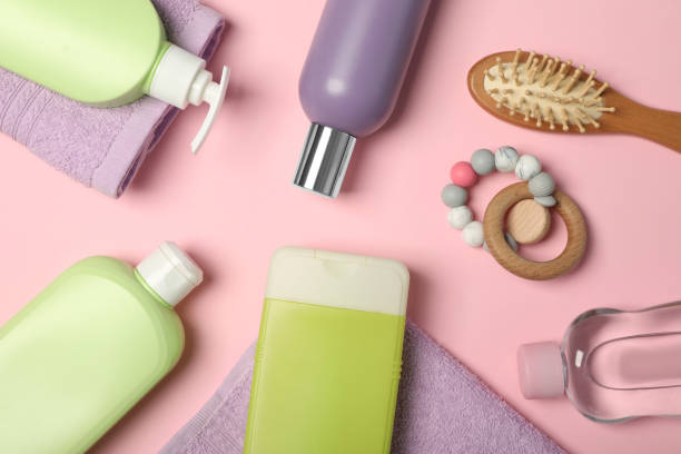 istock Flat lay composition with baby cosmetic products on pink background 1448788271