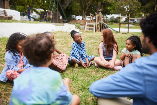 istock Smiling children talking with their teacher outside on some grass 1448791192