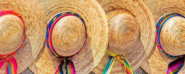 Mexican hats with multicolored ribbons in a raw,  in an outdoor market in Taxco, Mexico stock photo