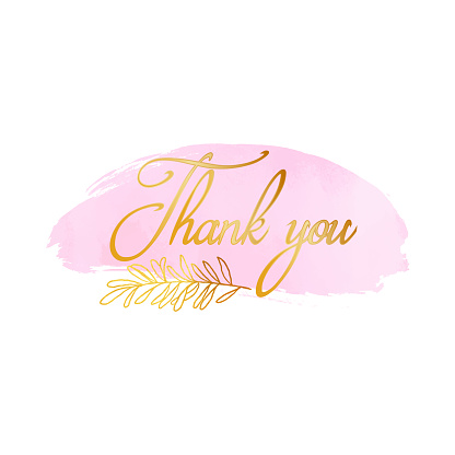 Thank You Label with Hand Drawn Gold Colored Leaf. Hand Painted Clip Art Design Element for Labels, Greeting Cards, Business Cards, Flyers, Wedding Invitation Card.