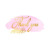 istock Thank You Label with Hand Drawn Gold Colored Leaf. Hand Painted Clip Art Design Element for Labels, Greeting Cards, Business Cards, Flyers, Wedding Invitation Card. 1448794255