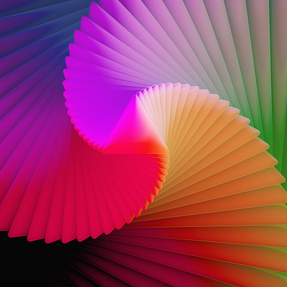 Abstract geometrical background with 3d shapes and copy space: spinning triangles in vividly colored light