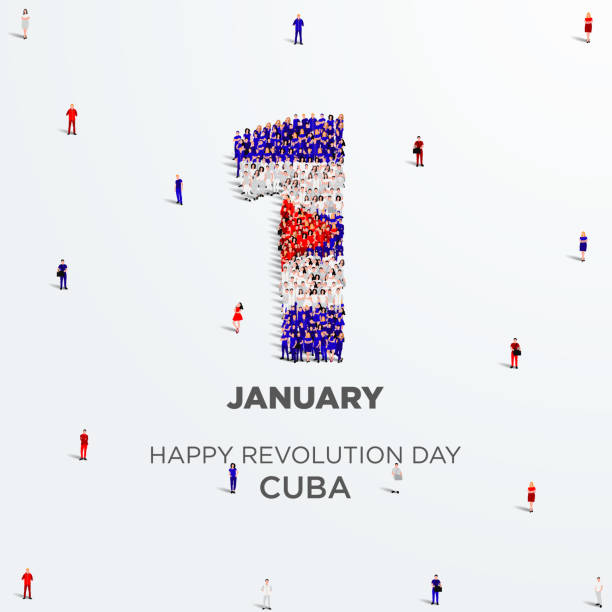 ilustrações de stock, clip art, desenhos animados e ícones de happy revolution day cuba design. a large group of people form to create the number 1 as cuba celebrates its revolution day on the 1st of january. vector illustration. - 1950 1959