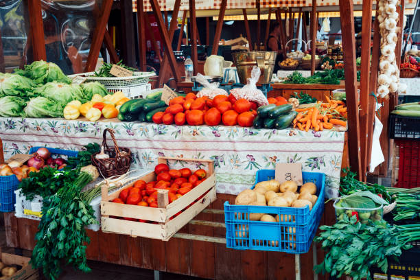 istock Fresh vegetables for sale on market stall 1448794809