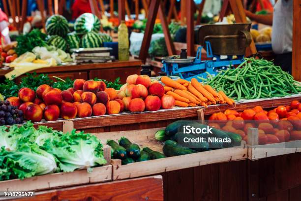 Fresh Vegetables And Fruits For Sale On Market Stall Stock Photo - Download Image Now