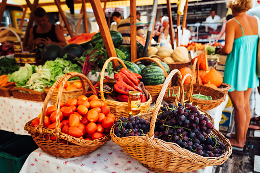 Fresh vegetables for sale on market stall\nDubrovnik, Croatia