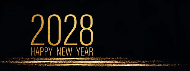2028 Happy New Year holiday Greeting Card banner - Golden year and glitter stripes on black night texture background