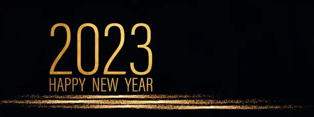 2023 Happy New Year holiday Greeting Card banner - Golden year and glitter stripes on black night texture background