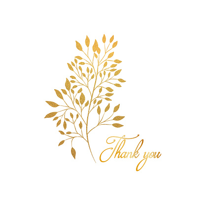Thank You Label with Hand Drawn Gold Colored Leaf. Hand Painted Clip Art Design Element for Labels, Greeting Cards, Business Cards, Flyers, Wedding Invitation Card.