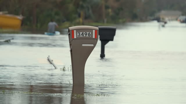 Hurricane Ian flooded street with mail box surrounded with water in Florida residential area. Consequences of natural disaster
