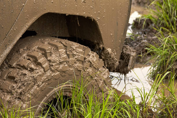 istock Car wheels on steppe terrain splashing with dirt. 1448799300