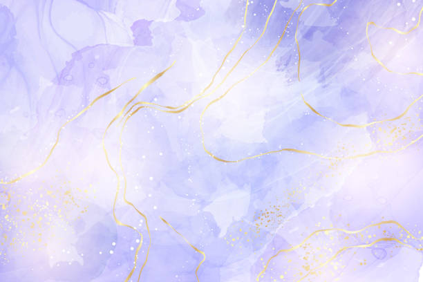 istock Violet lavender liquid watercolor marble background with golden lines. Pastel purple periwinkle alcohol ink drawing effect. Vector illustration design template for wedding invitation, menu, rsvp 1448799492