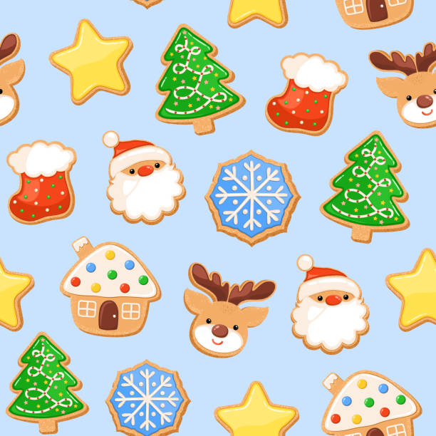 Sugar cookie Christmas seamless pattern. Gingerbread cookies repeat design. Biscuit shape of ginger bread house, santa and deer faces, snowflake, star, Christmas tree, red sock. Cute winter print. multiple christmas trees stock illustrations