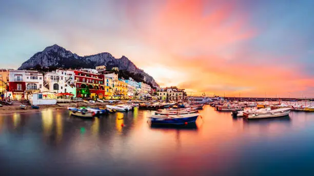 Capri, Italy at Marina Grande at twilight..