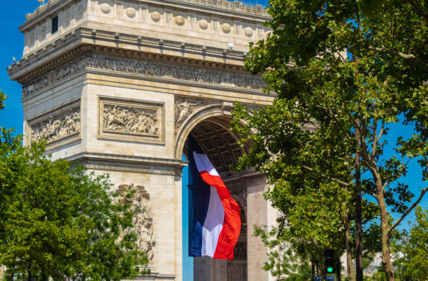 Paris, France - July 17th 2022: Paris Triumphal arch with a french flag, Arc de Triomphe