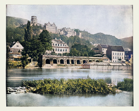 Antique photograph, colorized, Heidelberg Castle, Germany. (Heidelberger Schloss) is a ruin in Germany and landmark of Heidelberg. The castle ruins are among the most important Renaissance structures north of the Alps.