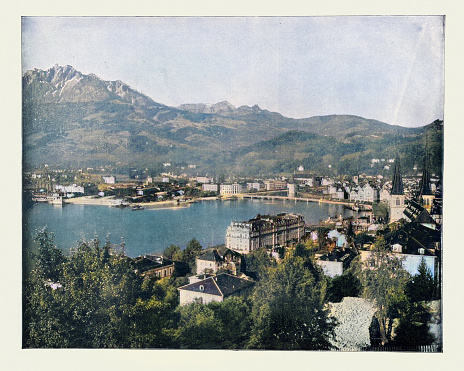 Antique photograph, colorized, of Cityscape of Lucerne, Switzerland in the 19th Century