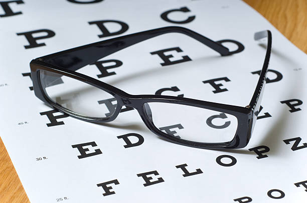 istock Set of black eyeglasses sitting on exam board 144880410