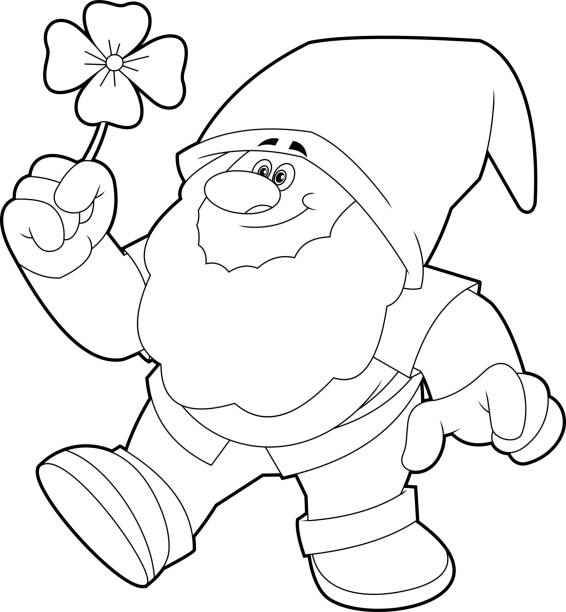 Outlined Happy Gnome Or Dwarf Cartoon Character With Four Leaf Clover vector art illustration