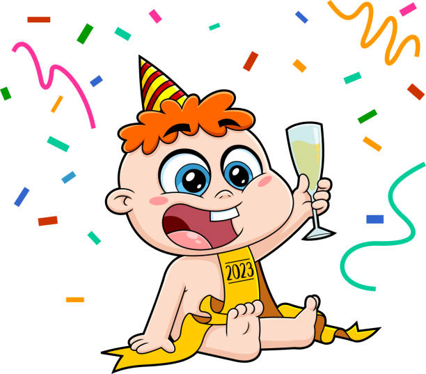 Cute New Year Baby Cartoon Character With Glass of Champagne And Ribbon Numbers 2023 Cute New Year Baby Cartoon Character With Glass of Champagne And Ribbon Numbers 2023. Vector Hand Drawn Illustration Isolated On Transparent Background new years baby stock illustrations