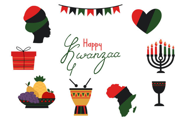 illustrazioni stock, clip art, cartoni animati e icone di tendenza di set di celebrazione kwanzaa in stile cartone animato. - african descent african culture drum history