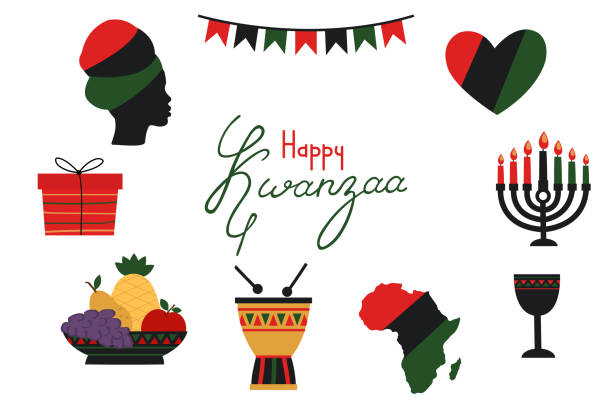 ilustrações, clipart, desenhos animados e ícones de conjunto de celebração do kwanzaa estilo cartoon. - african descent african culture drum history