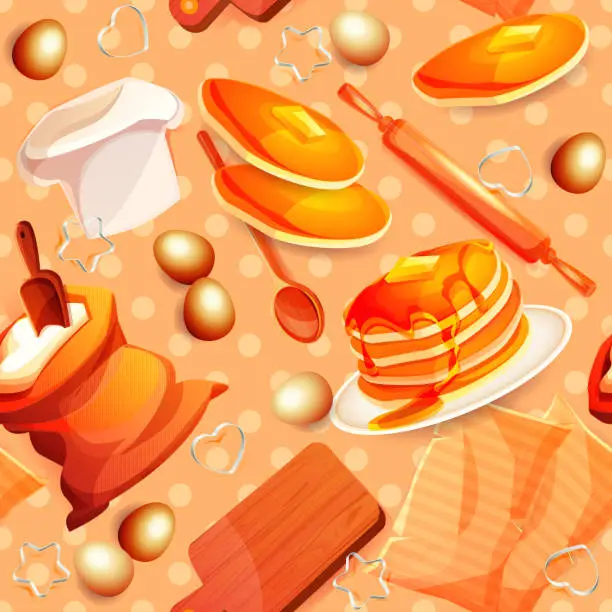 Vector illustration of Baking seamless pattern in cartoon style. Beautiful decorative desserts and pastries made from dough with home utensils on a colorful abstract background.