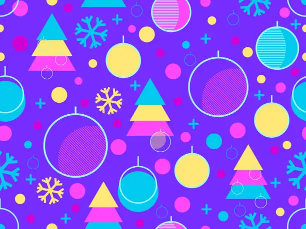 Vector illustration of Christmas seamless pattern. Christmas balls in a linear style, snowflakes and geometric Christmas trees made of triangles in the 80s style. Vector illustration