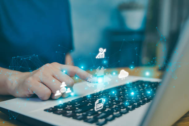istock Double exposure hand working on virtual futuristic screen laptop computer touching icon of media screen Digital transformation business technology strategy concept, search big data from internet. 1448808292