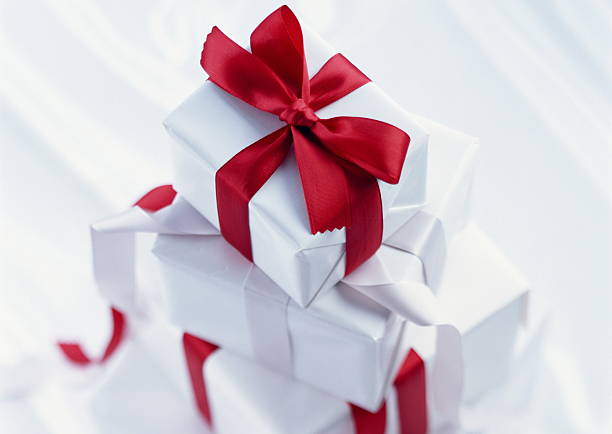 Red and white gifts focused on ribbon stock photo