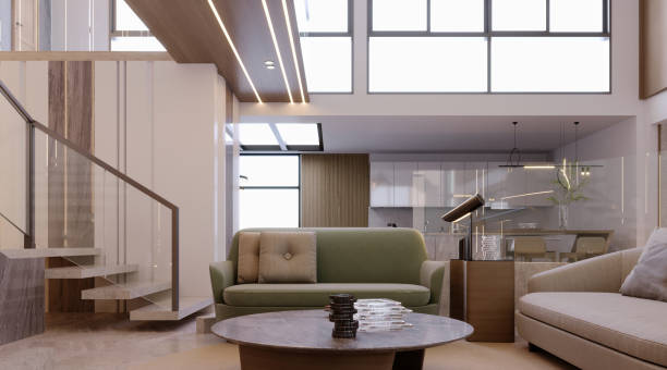 istock 3d rendering,3d illustration, Interior Scene and  Mockup,living room interior modern style,wooden floors, marble walls and sofas. 1448812074