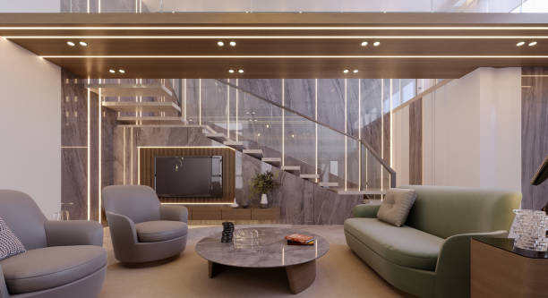 istock 3d rendering,3d illustration, Interior Scene and  Mockup,living room interior modern style,wooden floors, marble walls and sofas. 1448812105