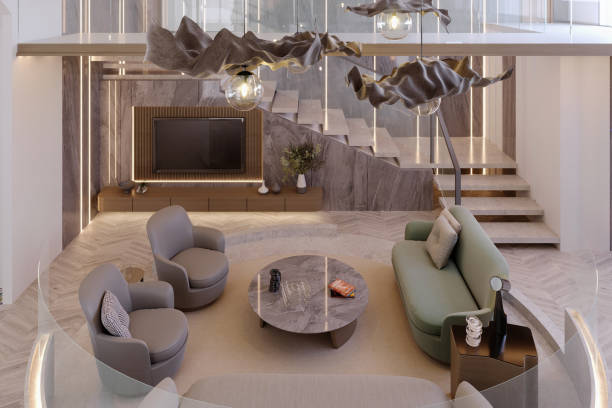istock 3d rendering,3d illustration, Interior Scene and  Mockup,living room interior modern style,wooden floors, marble walls and sofas. 1448812120