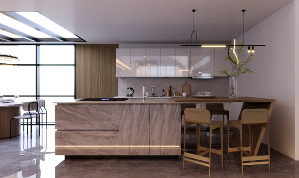 istock 3d rendering,3d illustration, Interior Scene and  Mockup,kitchen and dining room interior 3d rendering,modern style,decorated with wood and stone materials. 1448812237