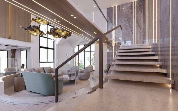 istock 3d rendering,3d illustration, Interior Scene and  Mockup,living room interior modern style,wooden floors, marble walls and sofas. 1448812413