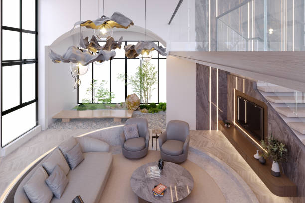 istock 3d rendering,3d illustration, Interior Scene and  Mockup,living room interior modern style,wooden floors, marble walls and sofas. 1448812480