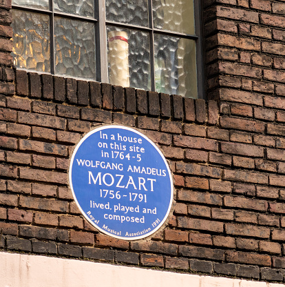 London, UK - A blue plaque marking a location in Frith Street in Soho, London, where Mozart lived and worked for a short period in the late 18th Century.