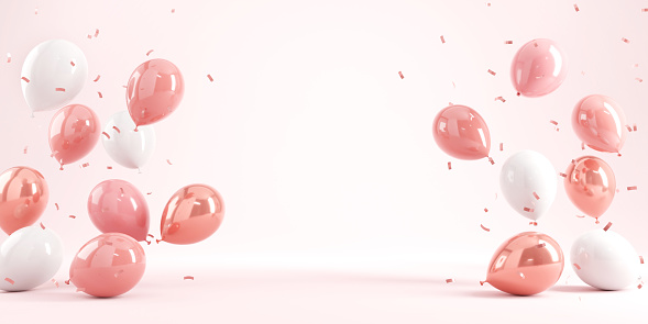 Pastel balloons on pink background. 3d rendering, New year, Christmas and Birthday party background, Copy space.