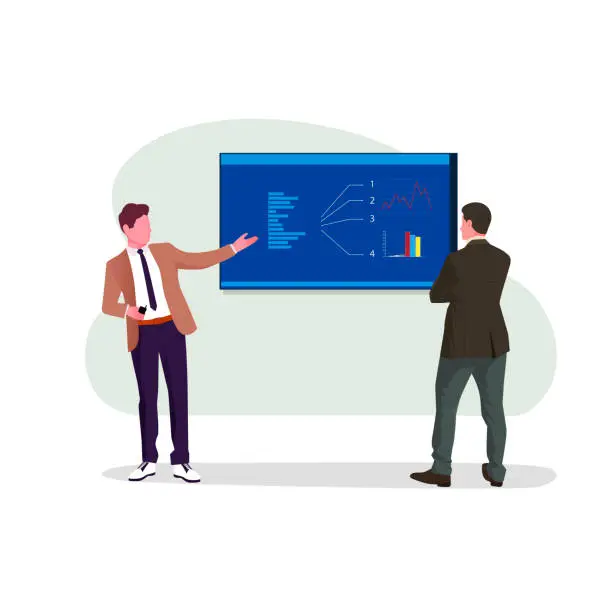 Vector illustration of Presentation in Multi-Ethnic Office Conference Room. Meeting of Diverse Young Entrepreneurs, Specialists, Talking, Using TV for infographics. Businesspeople Develop e-Commerce Startup