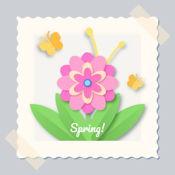 istock Paper cut flowers and butterflies. Greeting paper card. 1448814397