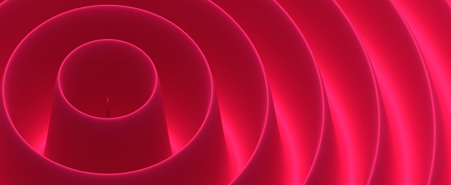 Red spiral circles background. Carmine geometric swirl with 3d render crimson texture gradient. Radial labyrinth with spectacular curls