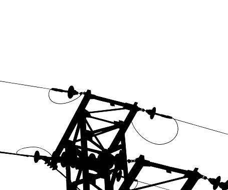 Electricity pylon (high voltage power line), black contour, isolated, on a white background