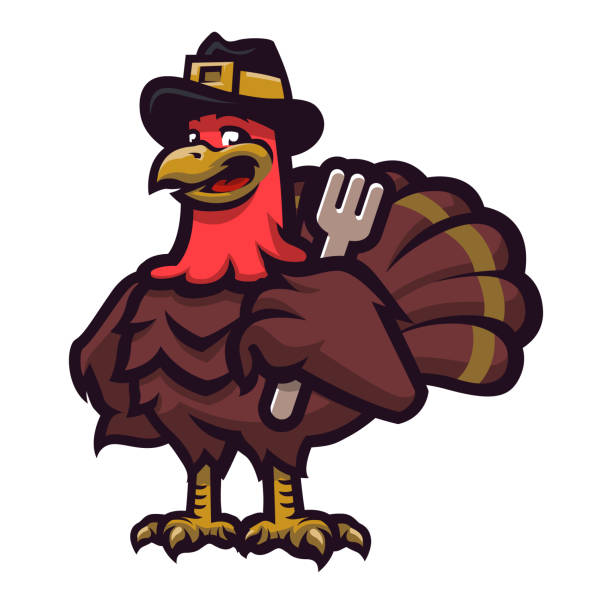 Thanksgiving turkey mascot vector logo with a hat and fork vector art illustration