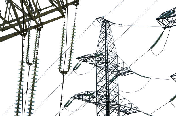 istock Electricity pylon (high voltage power line) isolated, on a white background 1448816748