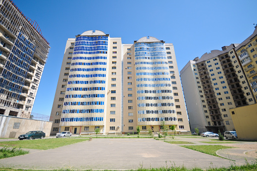 Almaty City with several new residential buildings. The image was captured during summer season and shows several just completed buildings.