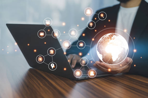 istock Global solution concept, hand touch on world Global solution business management corporate, Global solution design for business solution background 1448817005
