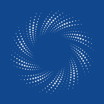 White stars in swirl pattern around copy space, on blue background.