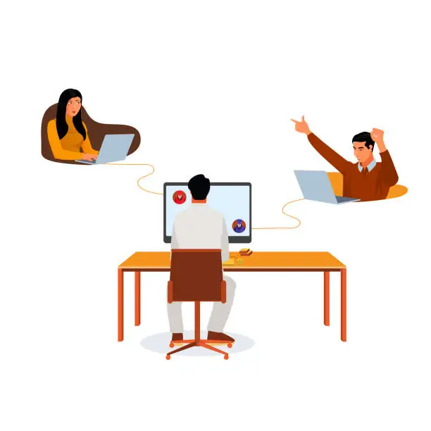 Vector illustration of people connecting together, learning or meeting online with teleconference, video conference remote working on laptop computer, work from home and anywhere, new normal concept, vector illustratio