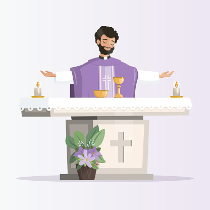 Priest behind the altar with purple chasuble celebrating the eucharist. Vector illustration